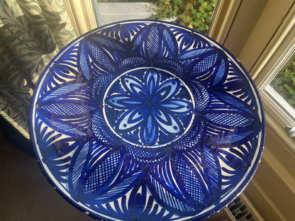 Vintage Spanish Hand-Painted Ceramic Charger – Cobalt Blue Geometric Floral Design (35cm, mid-20th century)