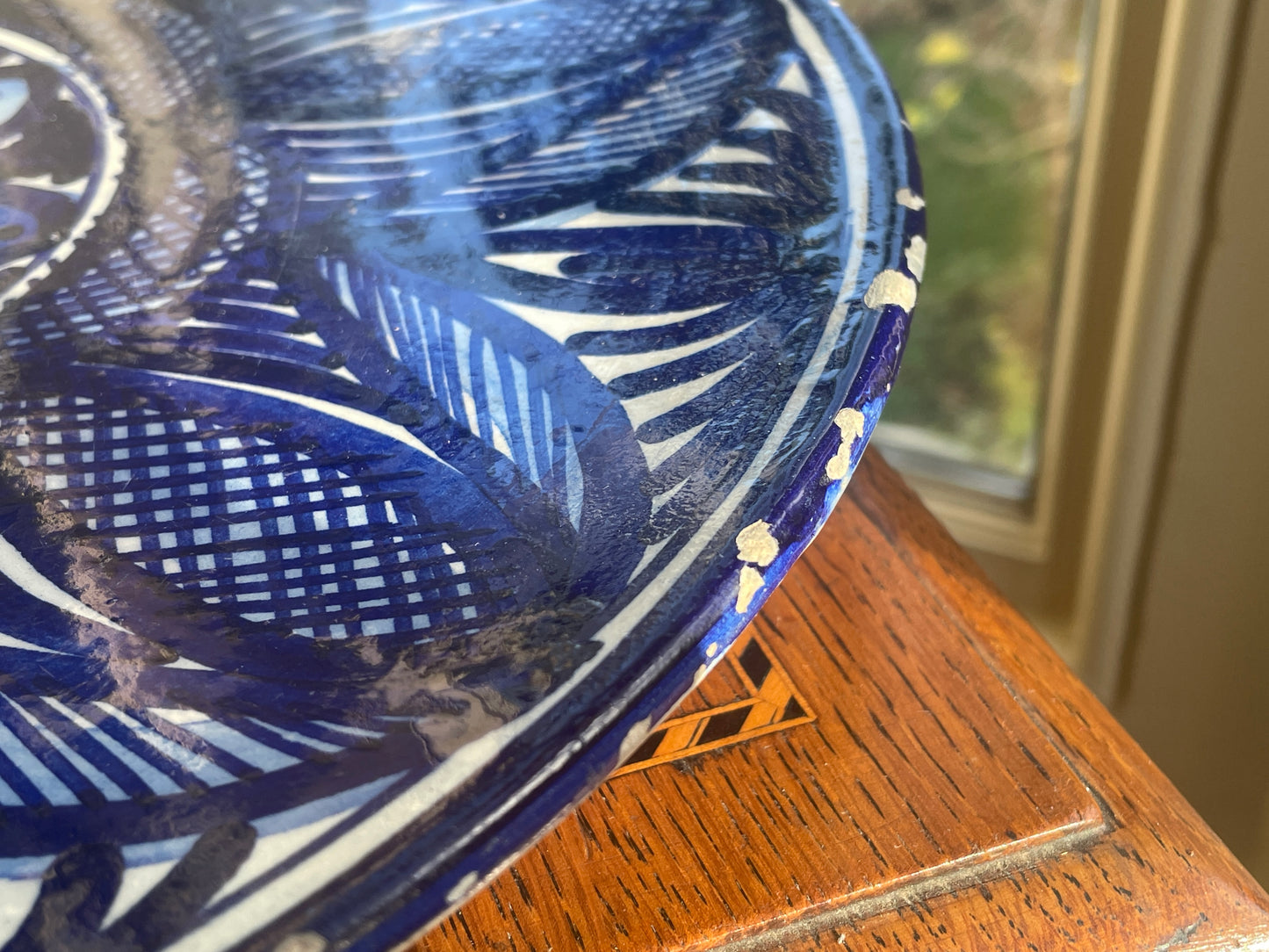 Vintage Spanish Hand-Painted Ceramic Charger – Cobalt Blue Geometric Floral Design (35cm, mid-20th century)