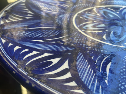 Vintage Spanish Hand-Painted Ceramic Charger – Cobalt Blue Geometric Floral Design (35cm, mid-20th century)