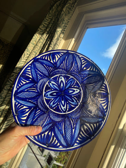 Vintage Spanish Hand-Painted Ceramic Charger – Cobalt Blue Geometric Floral Design (35cm, mid-20th century)