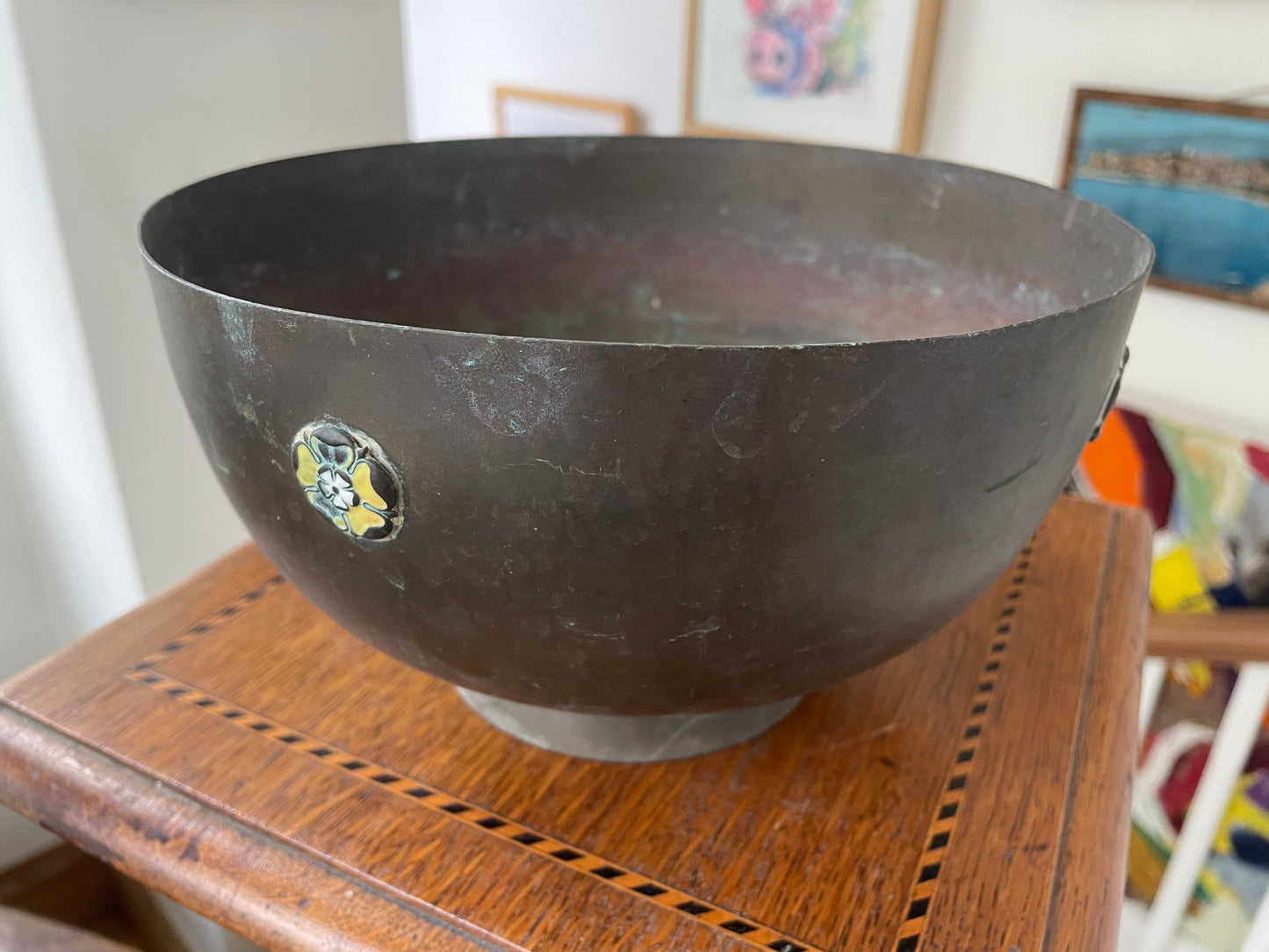Antique Japanese Brass Bowl – Hand-Raised Metal with Cloisonné Floral Roundels (c.1900–1930)