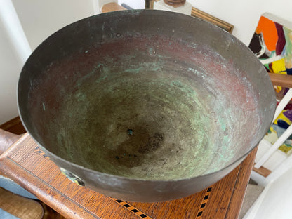 Antique Japanese Brass Bowl – Hand-Raised Metal with Cloisonné Floral Roundels (c.1900–1930)
