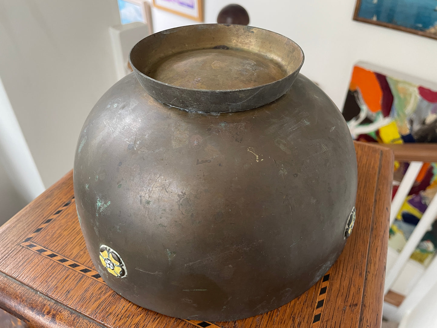 Antique Japanese Brass Bowl – Hand-Raised Metal with Cloisonné Floral Roundels (c.1900–1930)