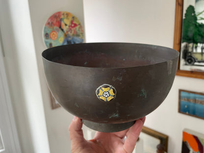 Antique Japanese Brass Bowl – Hand-Raised Metal with Cloisonné Floral Roundels (c.1900–1930)