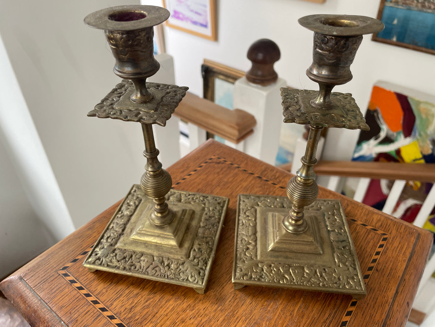 Antique Brass Candlesticks – Pair of Masked Foliate Relief Candle Holders (c.1890–1910)