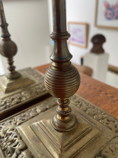 Antique Brass Candlesticks – Pair of Masked Foliate Relief Candle Holders (c.1890–1910)