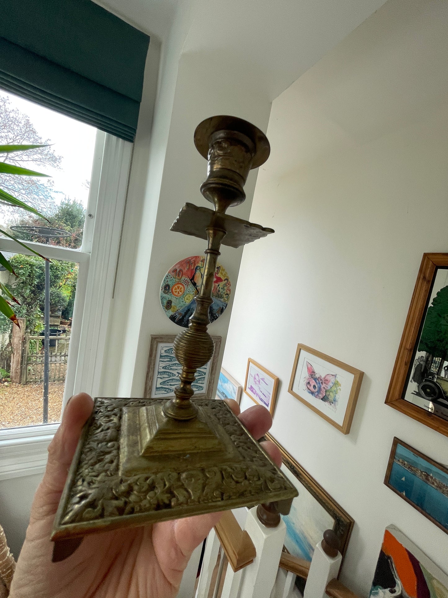 Antique Brass Candlesticks – Pair of Masked Foliate Relief Candle Holders (c.1890–1910)