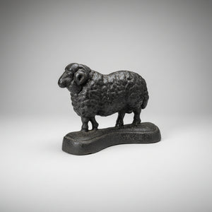 Vintage Cast Iron Ram Doorstops – Pair of Heavy Standing Rams with Textured Wool (c. mid-20th Century)