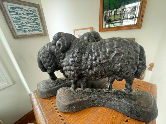 Vintage Cast Iron Ram Doorstops – Pair of Heavy Standing Rams with Textured Wool (c. mid-20th Century)
