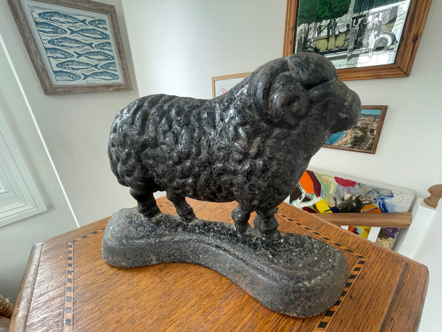 Vintage Cast Iron Ram Doorstops – Pair of Heavy Standing Rams with Textured Wool (c. mid-20th Century)