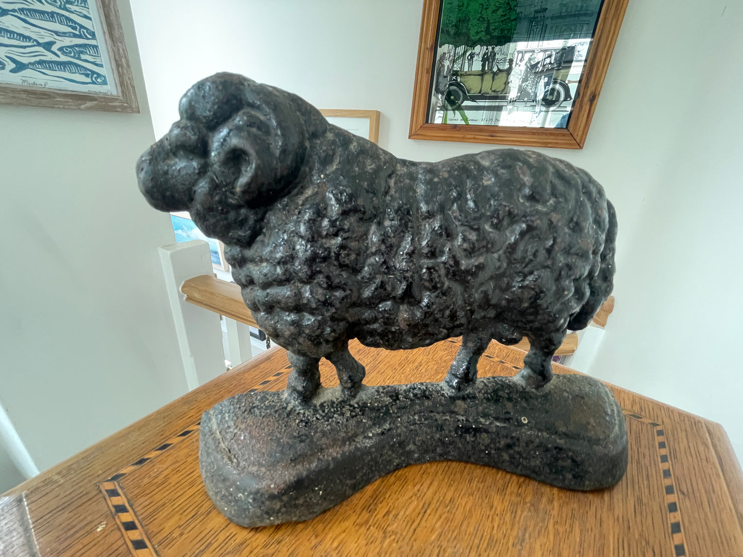Vintage Cast Iron Ram Doorstops – Pair of Heavy Standing Rams with Textured Wool (c. mid-20th Century)