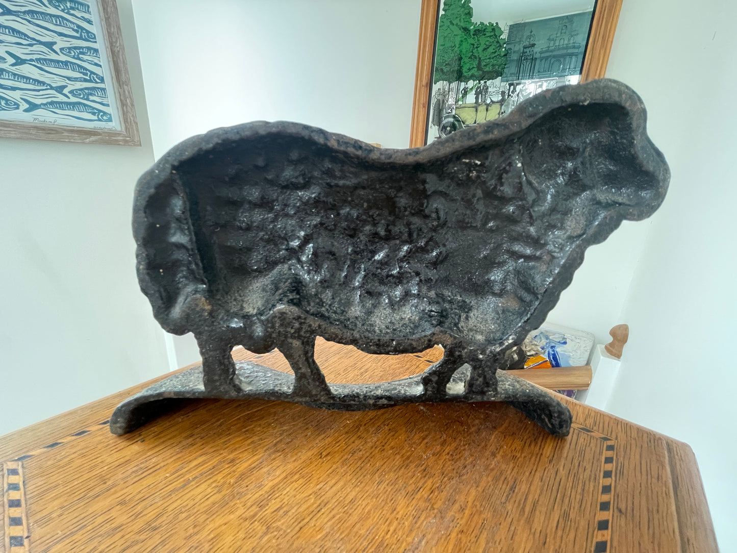 Vintage Cast Iron Ram Doorstops – Pair of Heavy Standing Rams with Textured Wool (c. mid-20th Century)