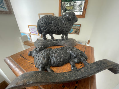 Vintage Cast Iron Ram Doorstops – Pair of Heavy Standing Rams with Textured Wool (c. mid-20th Century)
