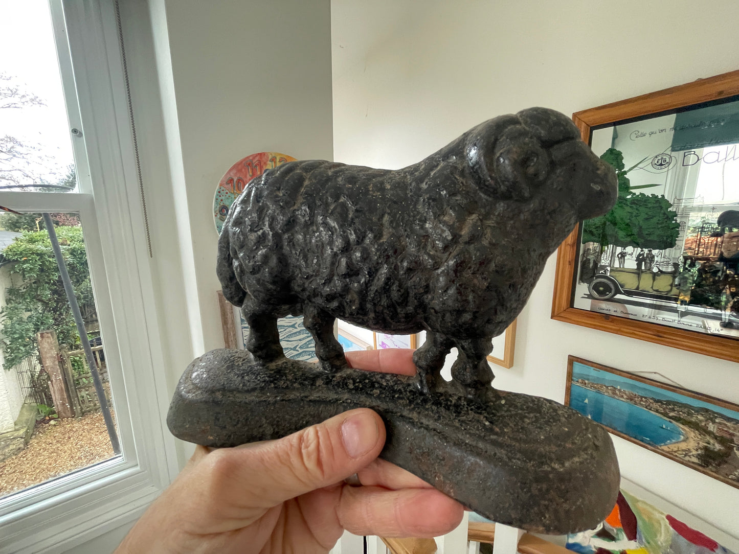 Vintage Cast Iron Ram Doorstops – Pair of Heavy Standing Rams with Textured Wool (c. mid-20th Century)