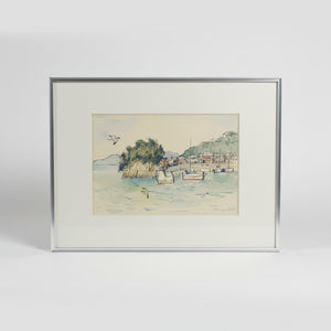 Japanese Watercolour – Harbour Scene at Mikami-jima by K. Hachijo (1990)
