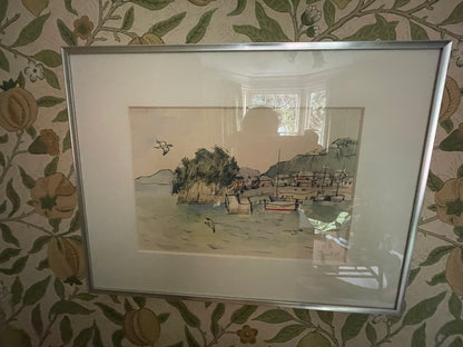 Japanese Watercolour – Harbour Scene at Mikami-jima by K. Hachijo (1990)