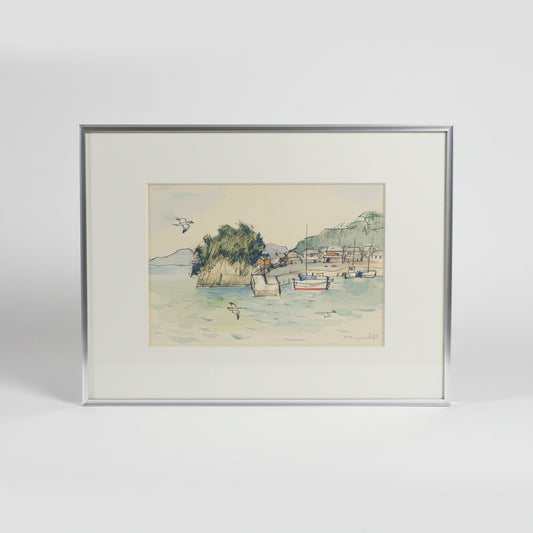 Japanese Watercolour – Harbour Scene at Mikami-jima by K. Hachijo (1990)
