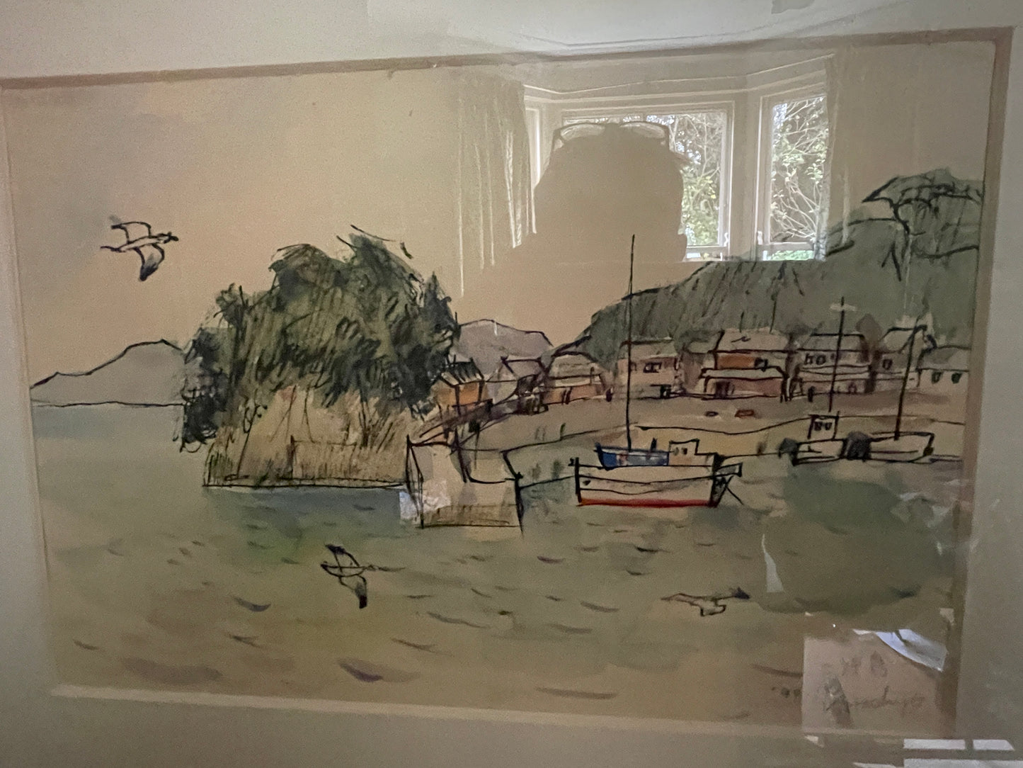 Japanese Watercolour – Harbour Scene at Mikami-jima by K. Hachijo (1990)