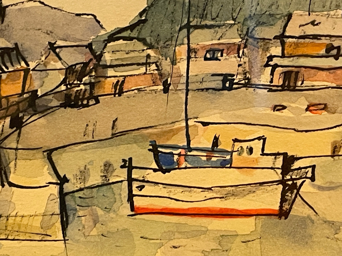 Japanese Watercolour – Harbour Scene at Mikami-jima by K. Hachijo (1990)