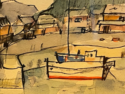 Japanese Watercolour – Harbour Scene at Mikami-jima by K. Hachijo (1990)