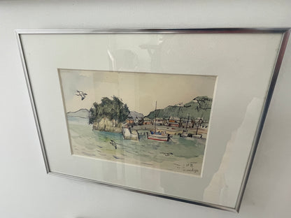 Japanese Watercolour – Harbour Scene at Mikami-jima by K. Hachijo (1990)