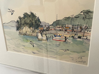 Japanese Watercolour – Harbour Scene at Mikami-jima by K. Hachijo (1990)