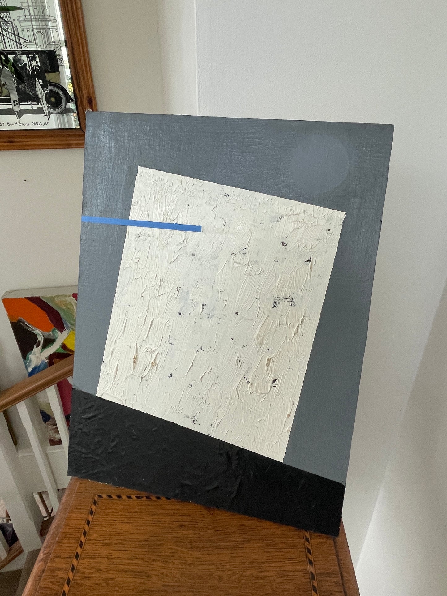 Abstract Modernist Hardboard Painting – Geometric Composition with Textured White Panel (c.20th Century)