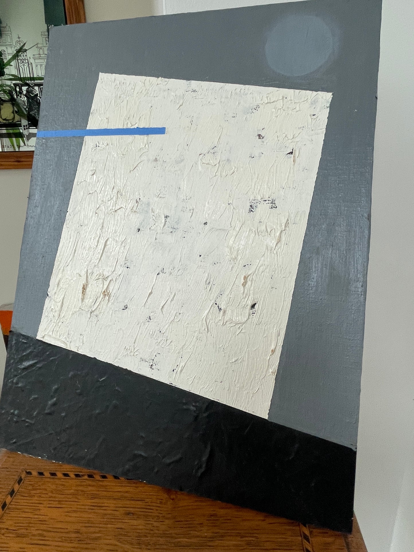 Abstract Modernist Hardboard Painting – Geometric Composition with Textured White Panel (c.20th Century)