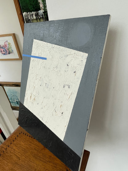 Abstract Modernist Hardboard Painting – Geometric Composition with Textured White Panel (c.20th Century)