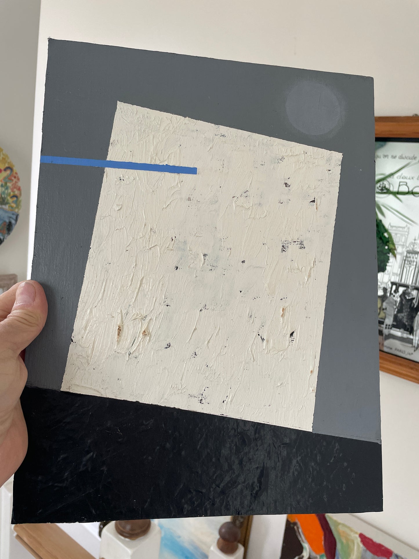 Abstract Modernist Hardboard Painting – Geometric Composition with Textured White Panel (c.20th Century)