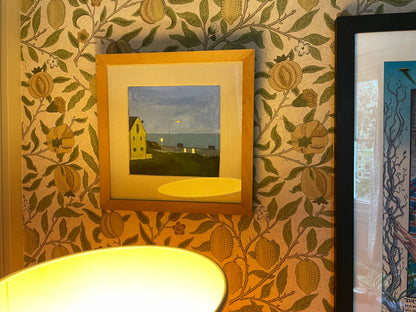 Mid-20th Century British Gouache Coastal Scene – Night Seafront with Lamp Light (c.1950s–1970s)