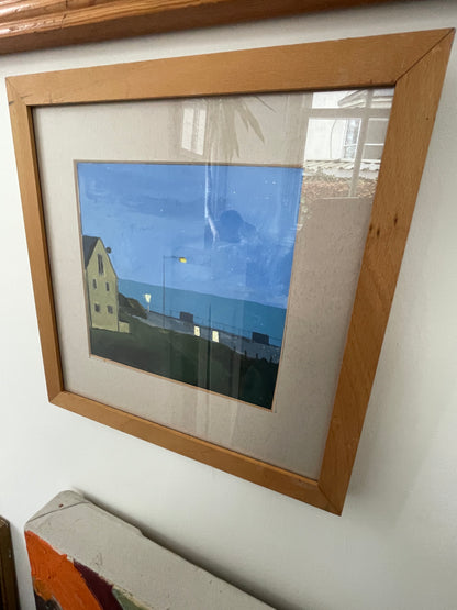 Mid-20th Century British Gouache Coastal Scene – Night Seafront with Lamp Light (c.1950s–1970s)