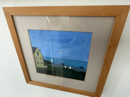 Mid-20th Century British Gouache Coastal Scene – Night Seafront with Lamp Light (c.1950s–1970s)