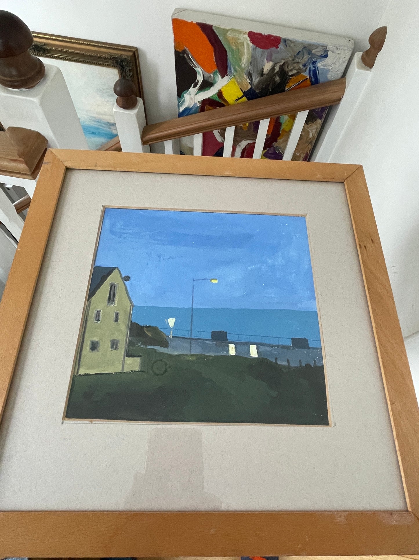 Mid-20th Century British Gouache Coastal Scene – Night Seafront with Lamp Light (c.1950s–1970s)