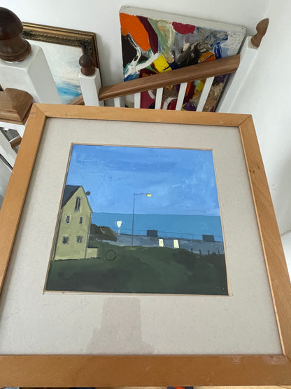 Mid-20th Century British Gouache Coastal Scene – Night Seafront with Lamp Light (c.1950s–1970s)