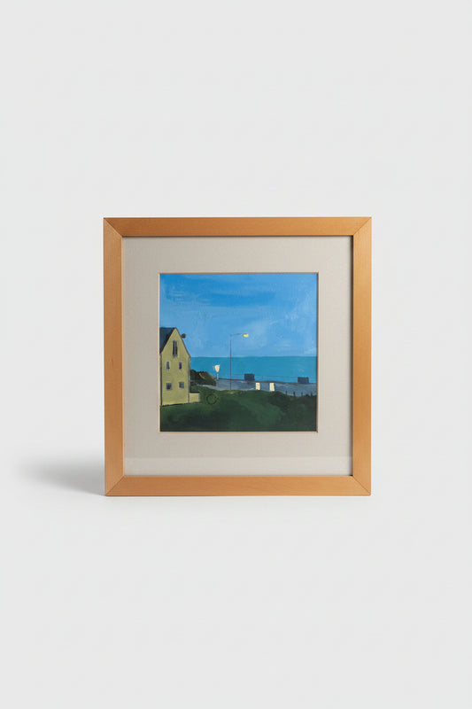 Mid-20th Century British Gouache Coastal Scene – Night Seafront with Lamp Light (c.1950s–1970s)