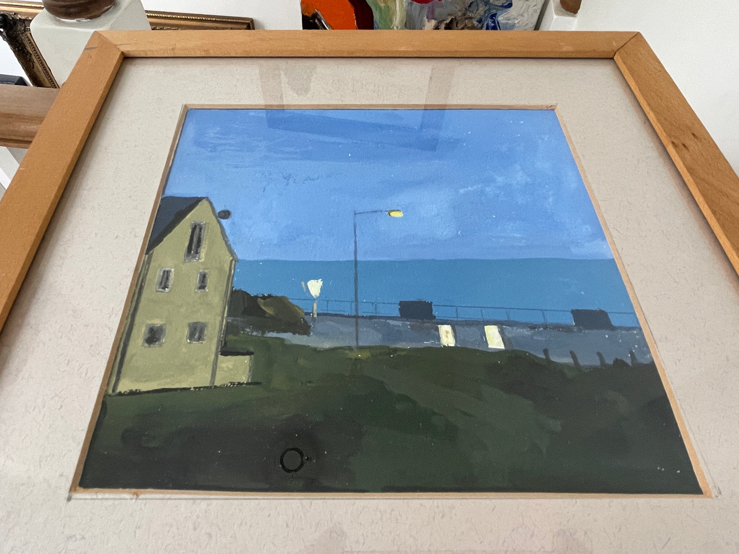 Mid-20th Century British Gouache Coastal Scene – Night Seafront with Lamp Light (c.1950s–1970s)