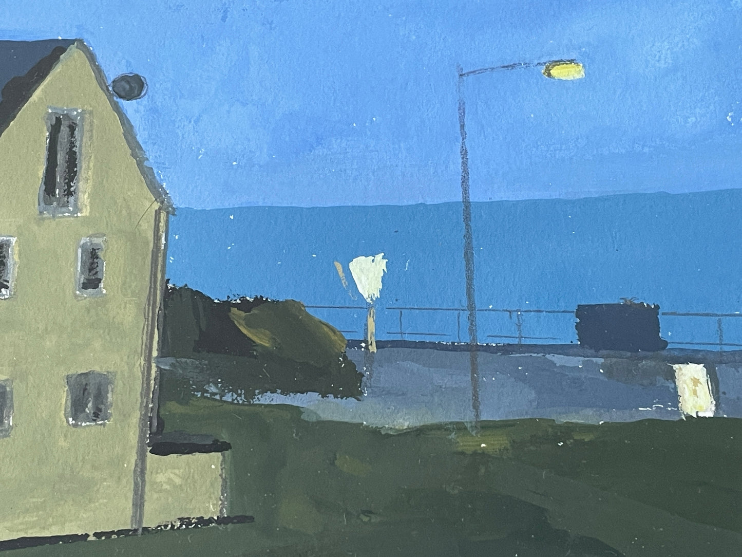 Mid-20th Century British Gouache Coastal Scene – Night Seafront with Lamp Light (c.1950s–1970s)