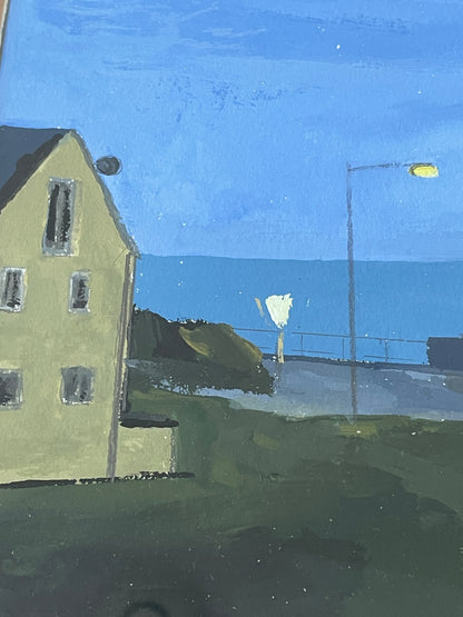 Mid-20th Century British Gouache Coastal Scene – Night Seafront with Lamp Light (c.1950s–1970s)
