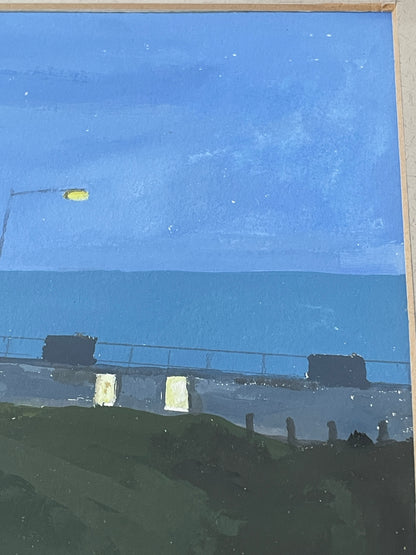 Mid-20th Century British Gouache Coastal Scene – Night Seafront with Lamp Light (c.1950s–1970s)