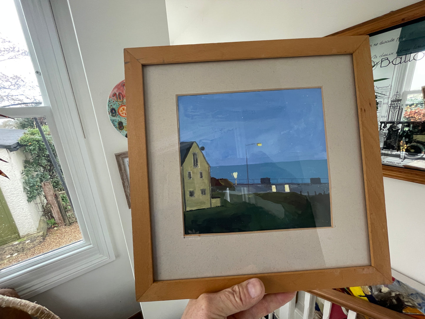 Mid-20th Century British Gouache Coastal Scene – Night Seafront with Lamp Light (c.1950s–1970s)