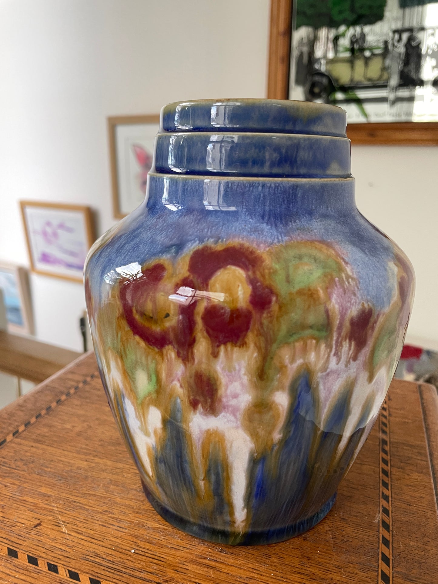 Royal Doulton Lambeth Stoneware Vase – Shape 4625, Sung-Style X8863 Drip Glaze, Decorated by Cissie Camplin (c.1925–1935)