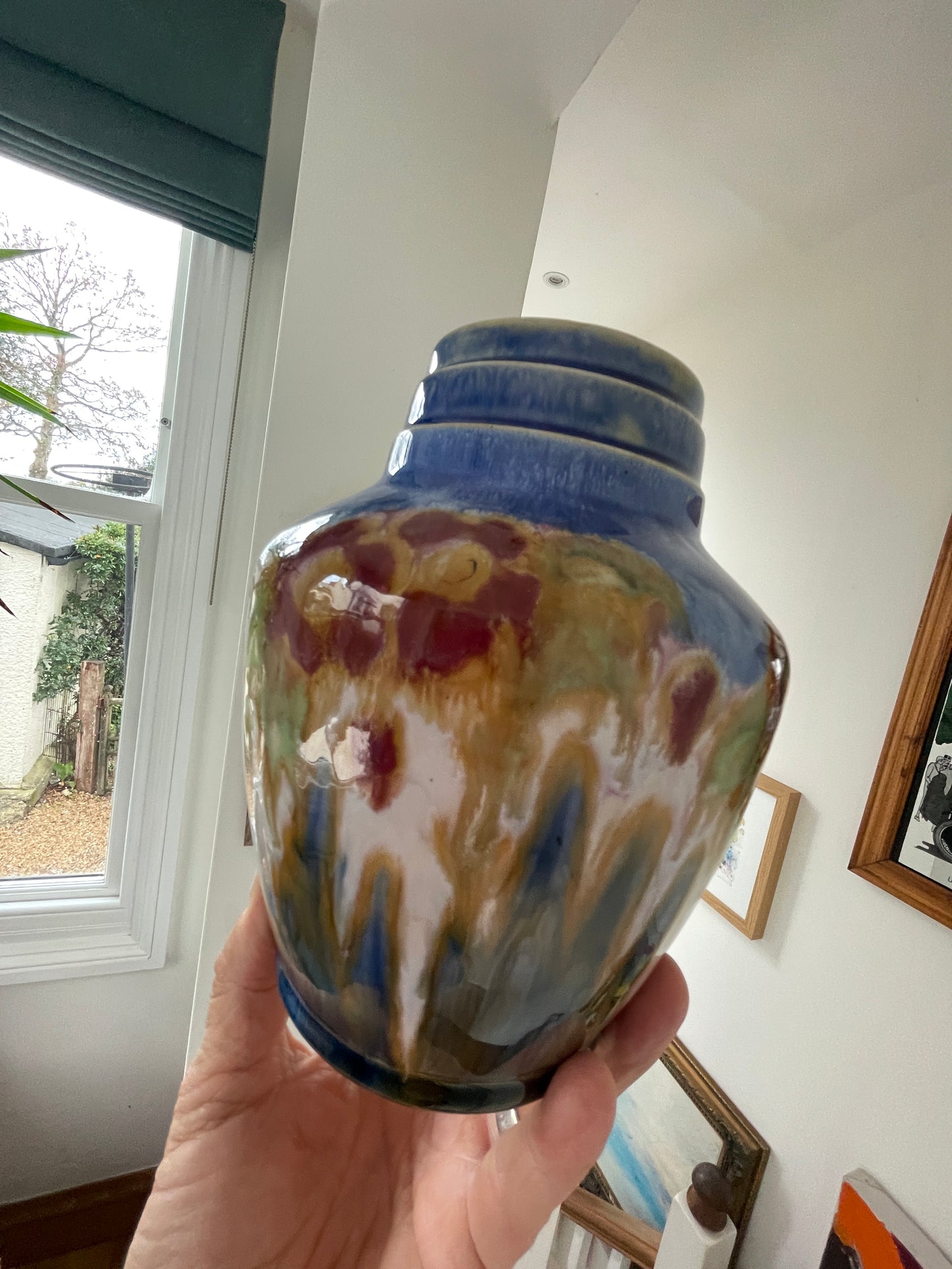 Royal Doulton Lambeth Stoneware Vase – Shape 4625, Sung-Style X8863 Drip Glaze, Decorated by Cissie Camplin (c.1925–1935)
