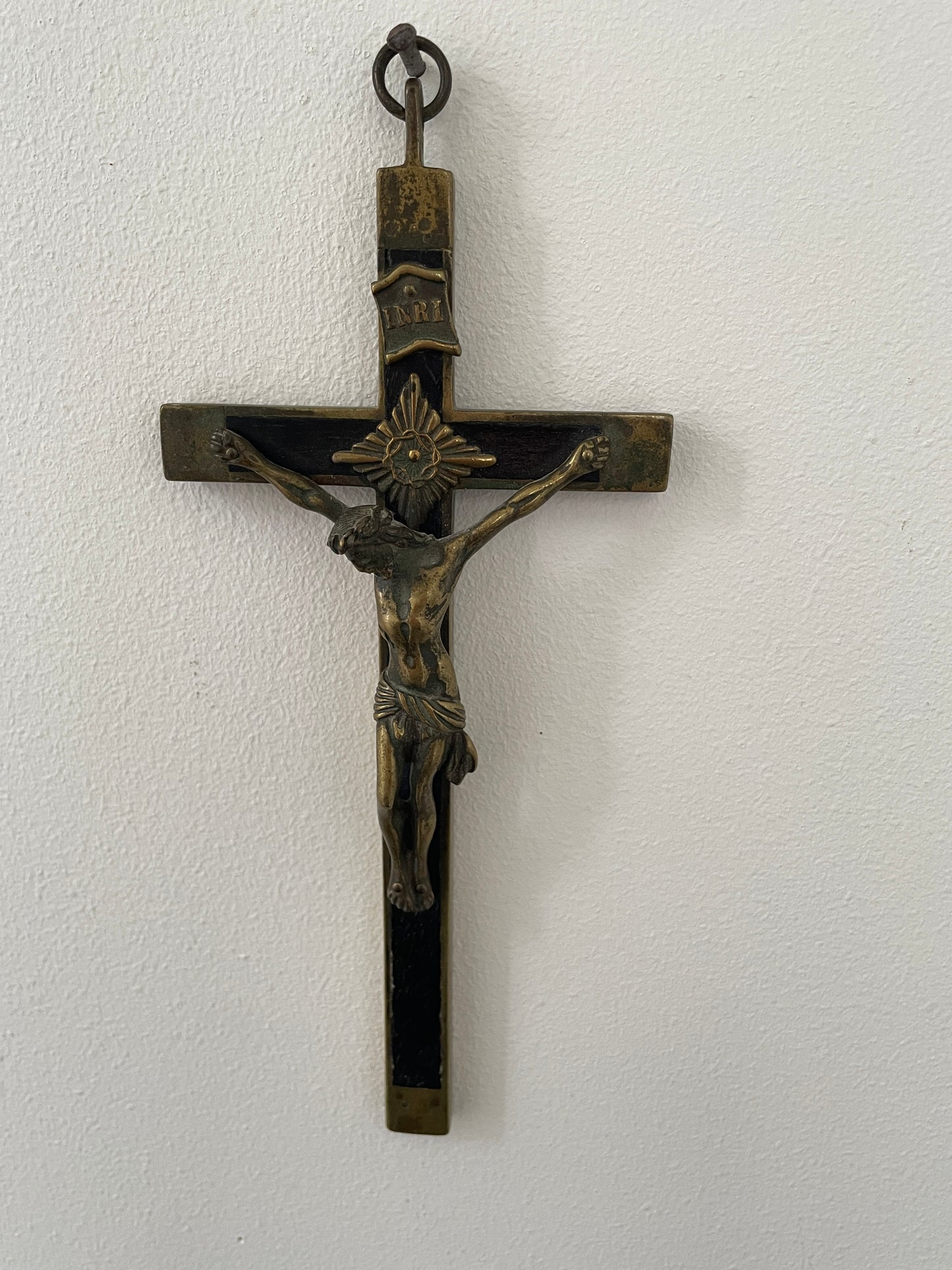 Antique French Brass and Ebonised Wood Crucifix – Cast Corpus Christi and Sacred Heart Motifs (c.19th Century)