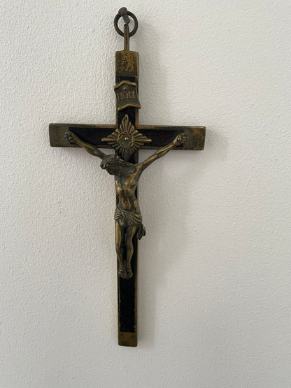 Antique French Brass and Ebonised Wood Crucifix – Cast Corpus Christi and Sacred Heart Motifs (c.19th Century)