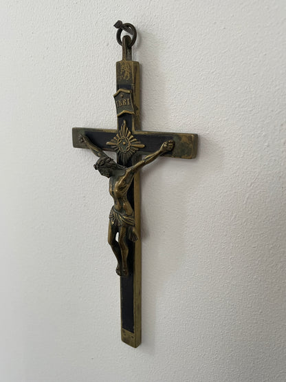 Antique French Brass and Ebonised Wood Crucifix – Cast Corpus Christi and Sacred Heart Motifs (c.19th Century)