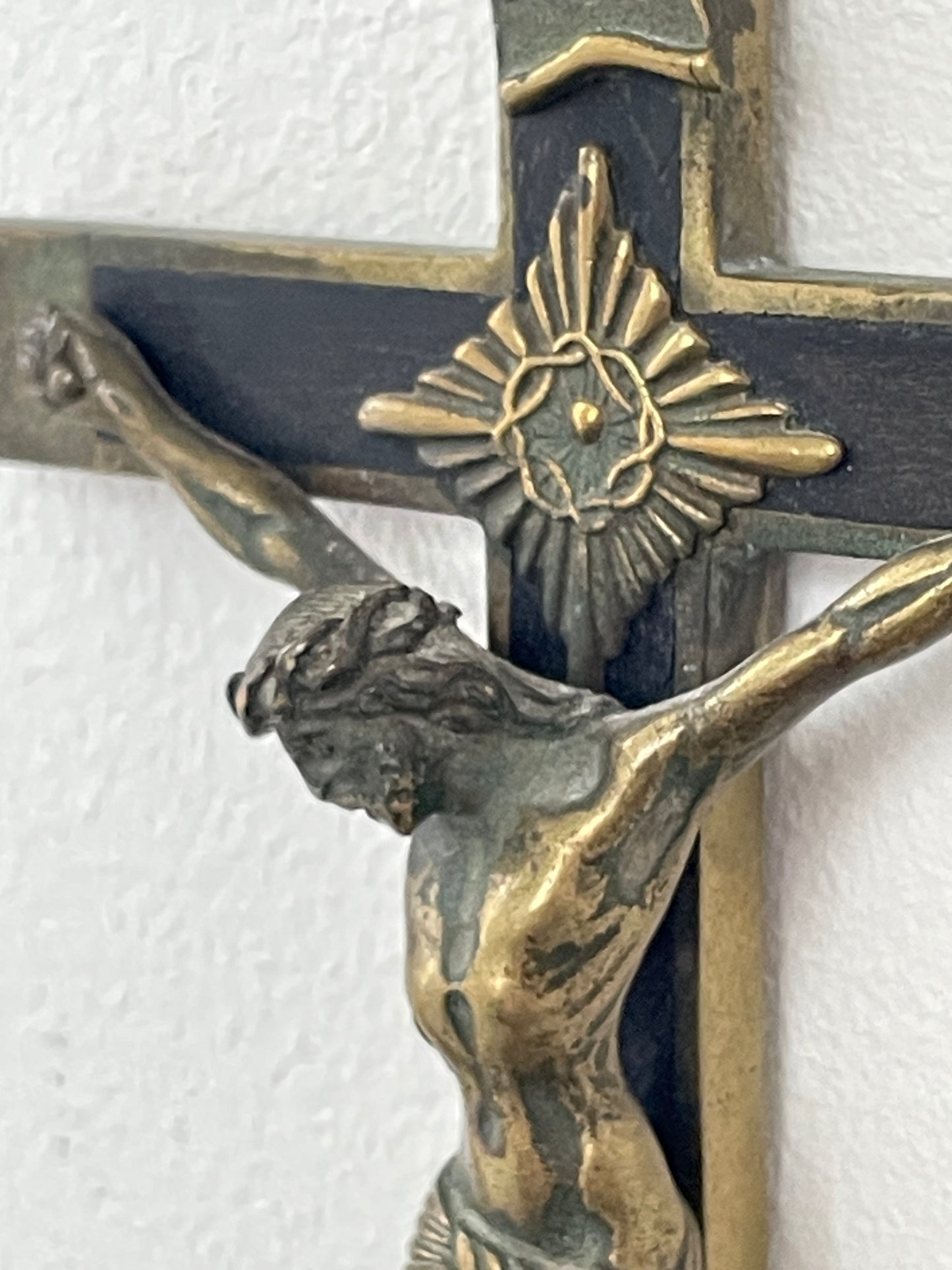 Antique French Brass and Ebonised Wood Crucifix – Cast Corpus Christi and Sacred Heart Motifs (c.19th Century)