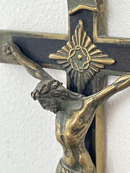 Antique French Brass and Ebonised Wood Crucifix – Cast Corpus Christi and Sacred Heart Motifs (c.19th Century)