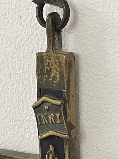 Antique French Brass and Ebonised Wood Crucifix – Cast Corpus Christi and Sacred Heart Motifs (c.19th Century)