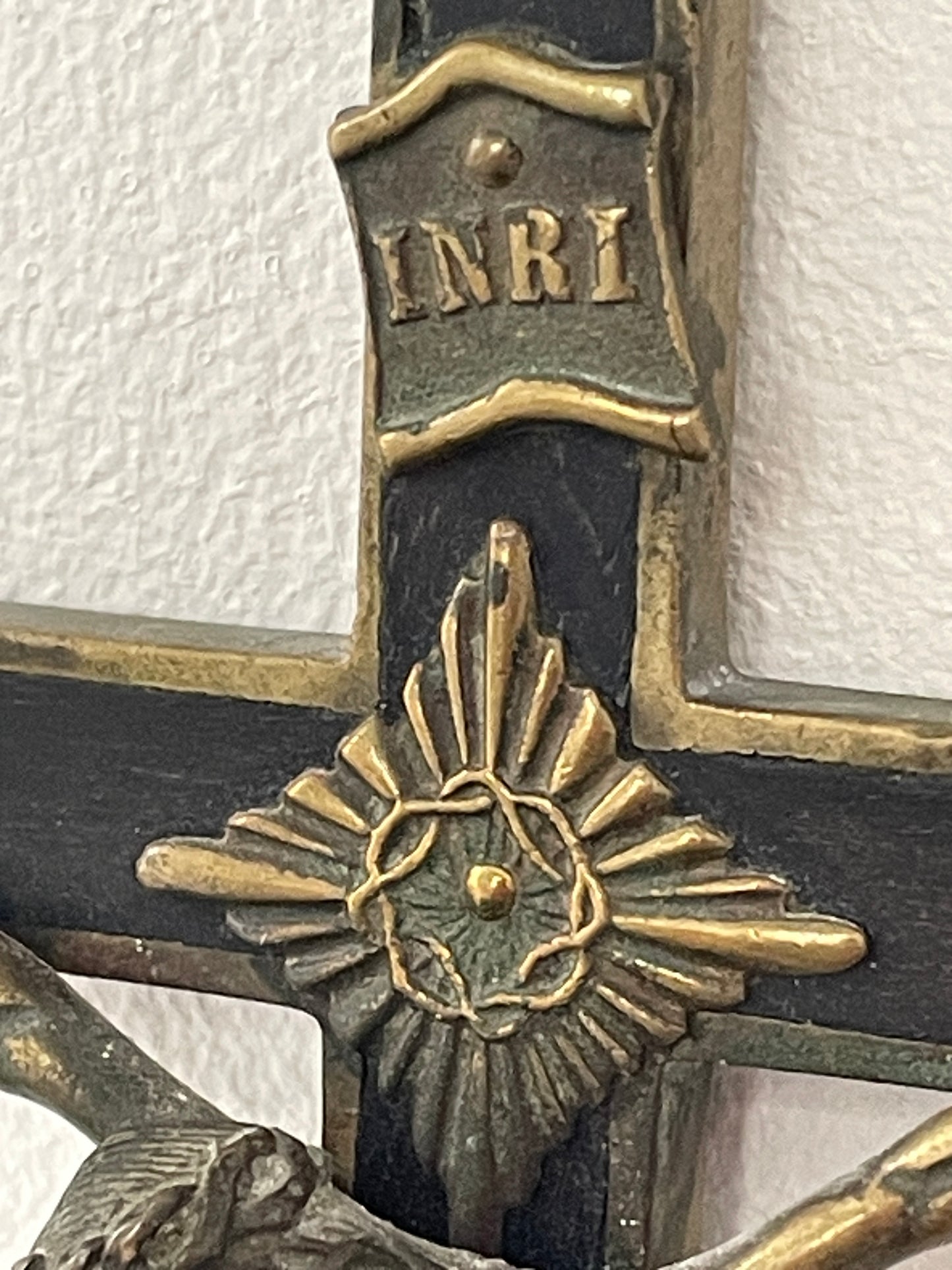 Antique French Brass and Ebonised Wood Crucifix – Cast Corpus Christi and Sacred Heart Motifs (c.19th Century)